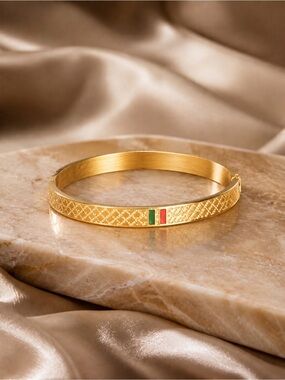 18K Gold Luxury Bangle with Green and Red Accents